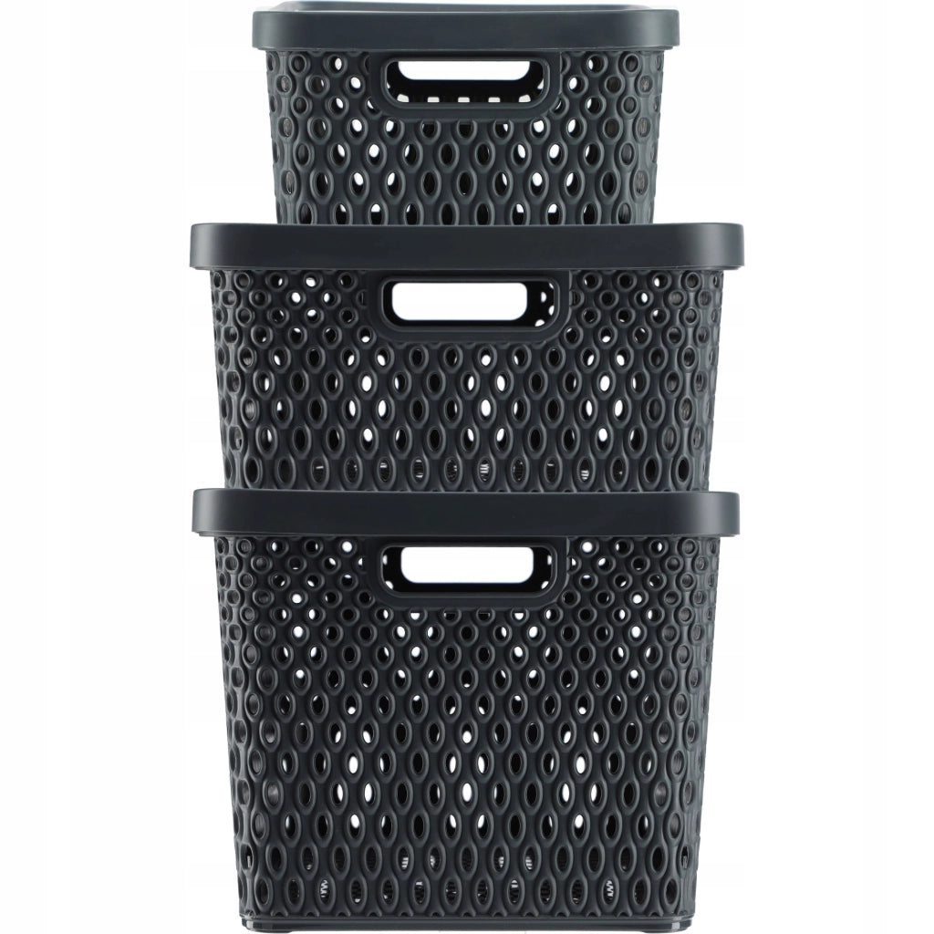 Set di 3 cestini in plastica KADAX con coperchio, colore grigio.