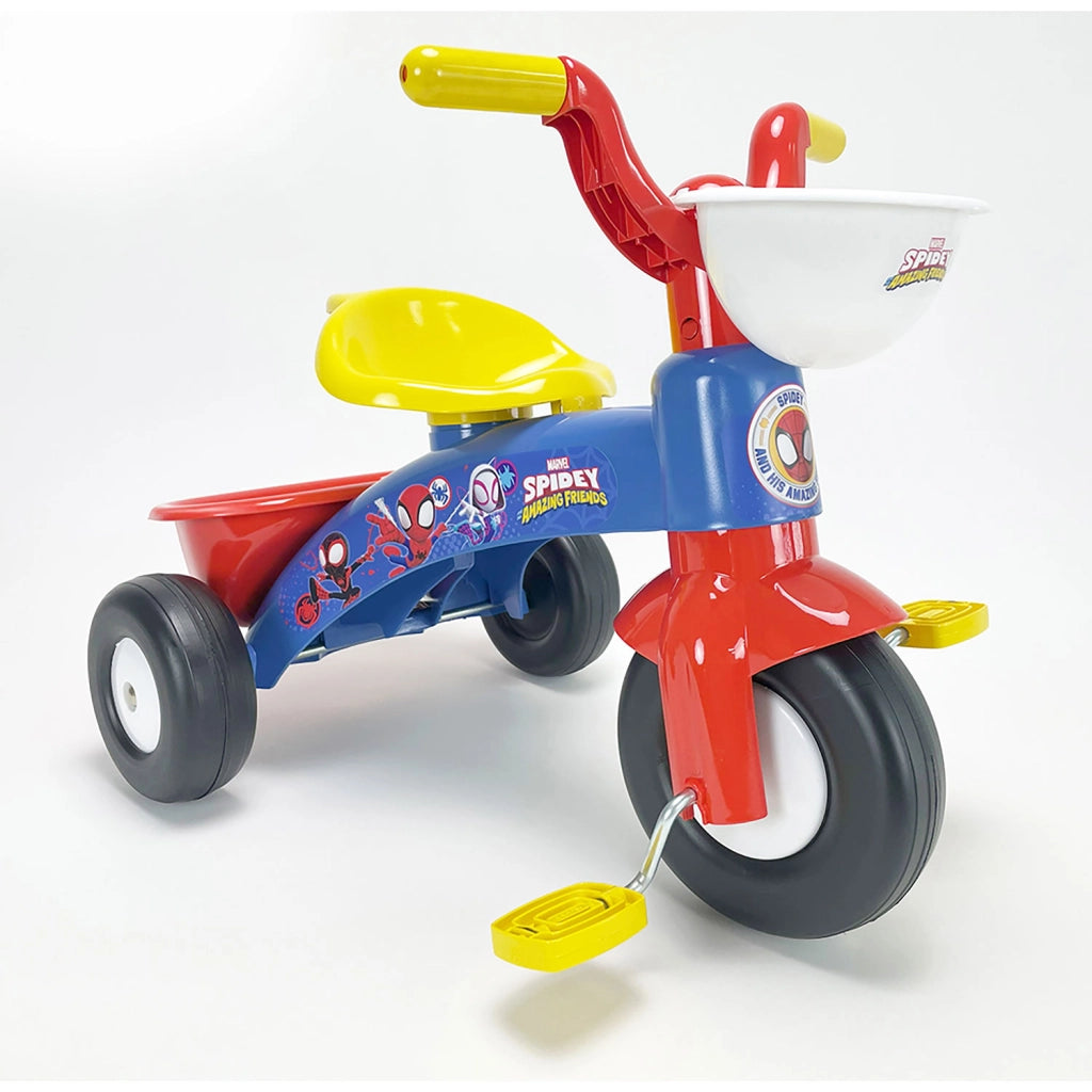 Triciclo a Pedali Primi Passi per Bambini 3 Ruote e Vano Contenitore Marvel Spidey Blu e Rosso