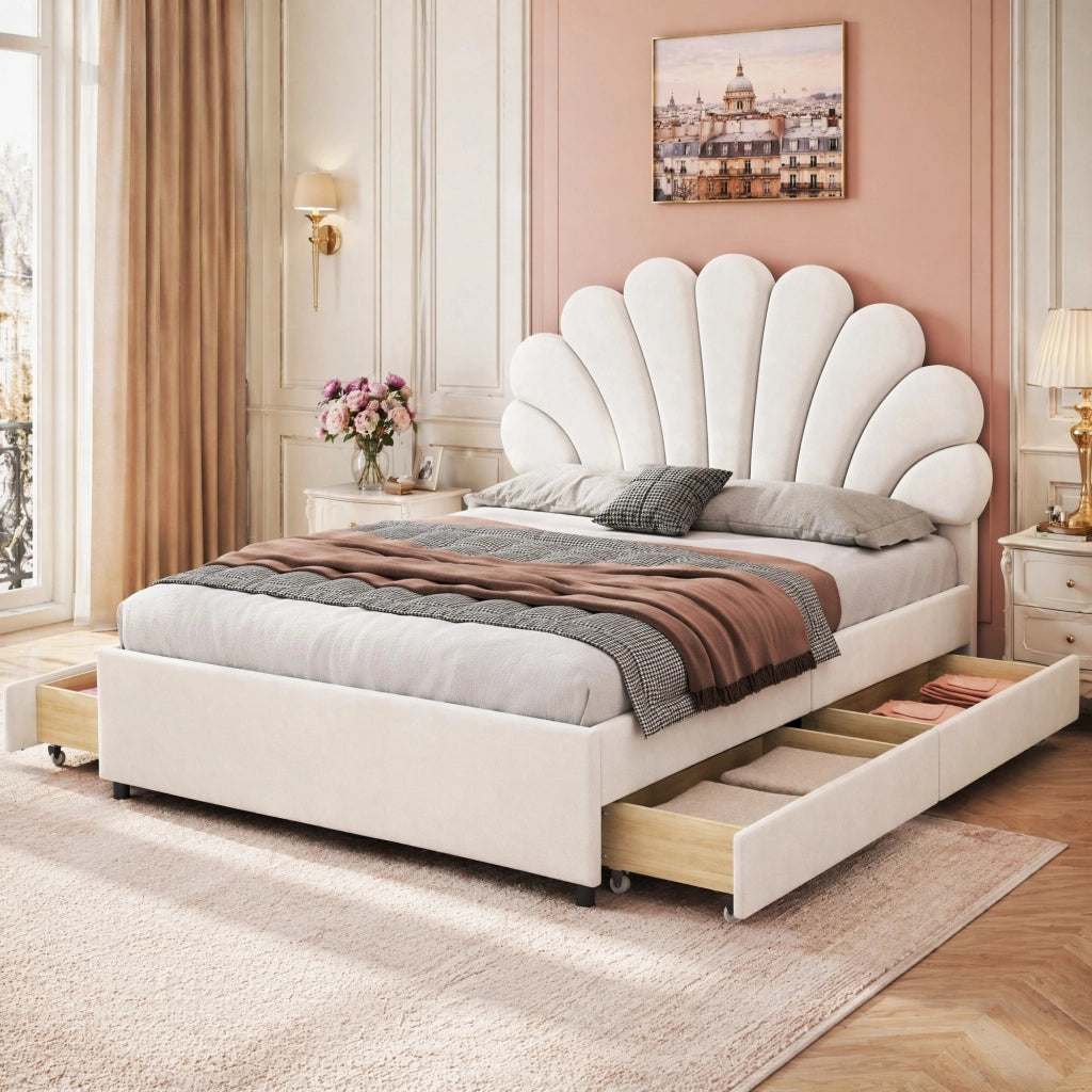 LETTO Imbottito 140x200 cm Beige con 4 cassetti e testiera floreale