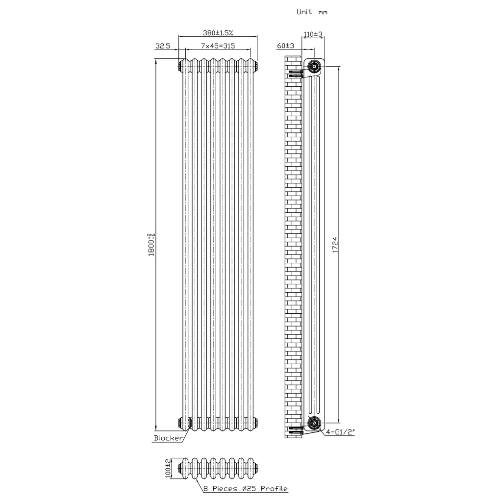 Radiatore 3 Colonne Verticale Metallo Grezzo 1800x380 mm