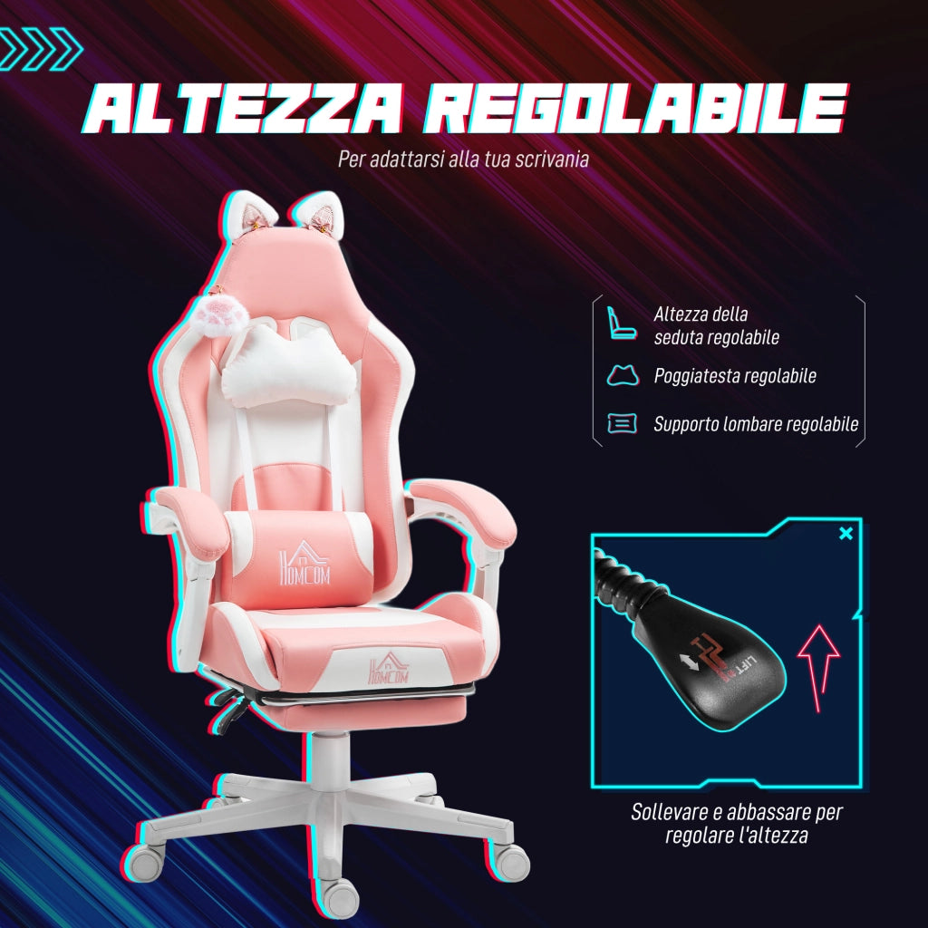 Sedia da Gaming con Orecchie da Gatto e Poggiapiedi ¨C Minimal ¨C Rosa