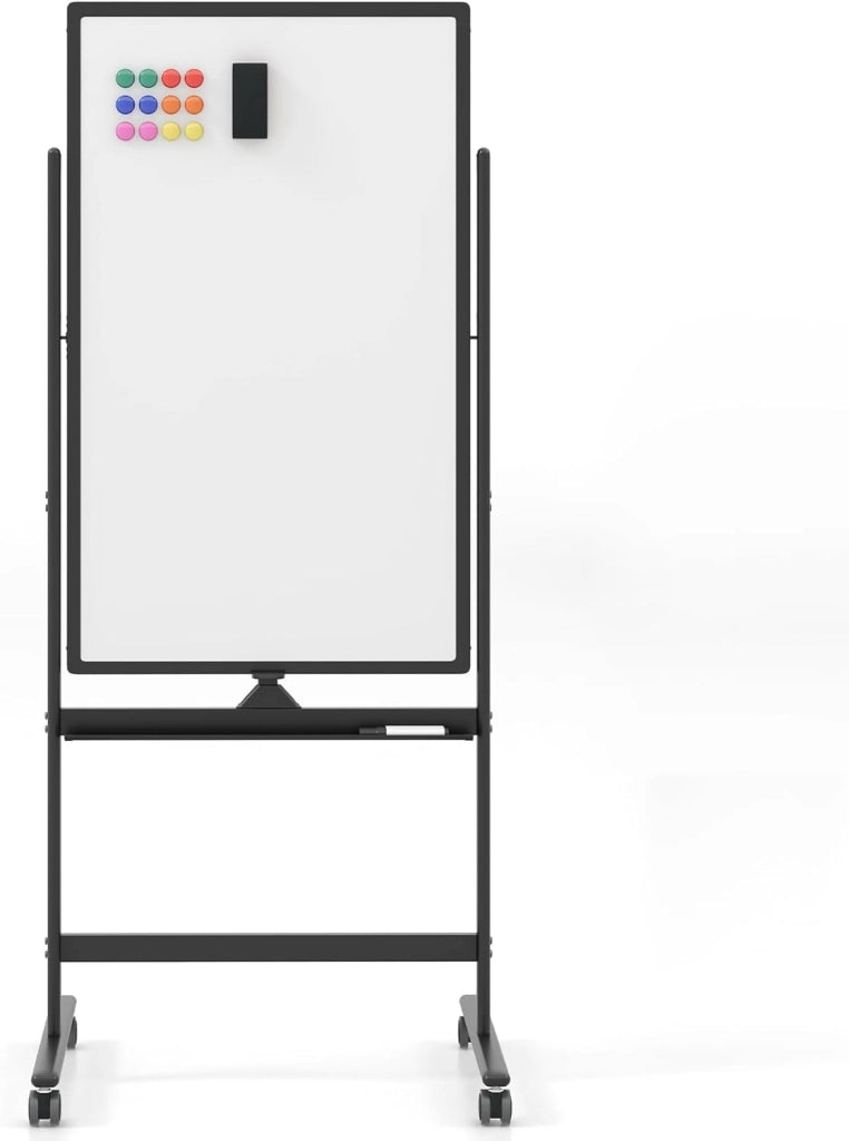 Lavagna Bianca Portatile con Ruote, Lavagna a Secco Reversibile con Pennarelli, Cancellino, Lavagna Bianca Regolabile in Altezza per Scuola, Ufficio, Casa, 68 x 56 x 155,5-183,5 cm (Nero)