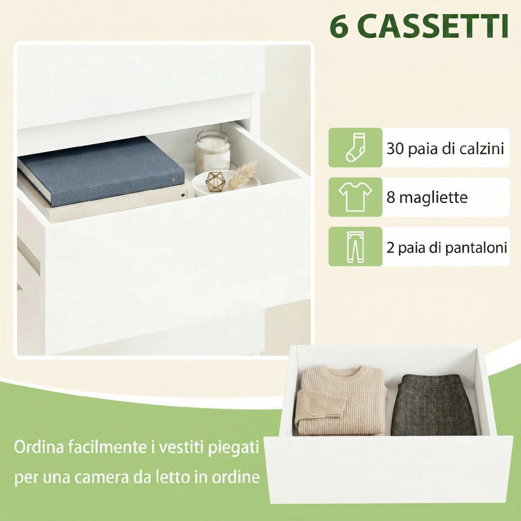 Com¨° Slim. 6 Cassetti Finitura Lucida. Camera da Letto. Bianco