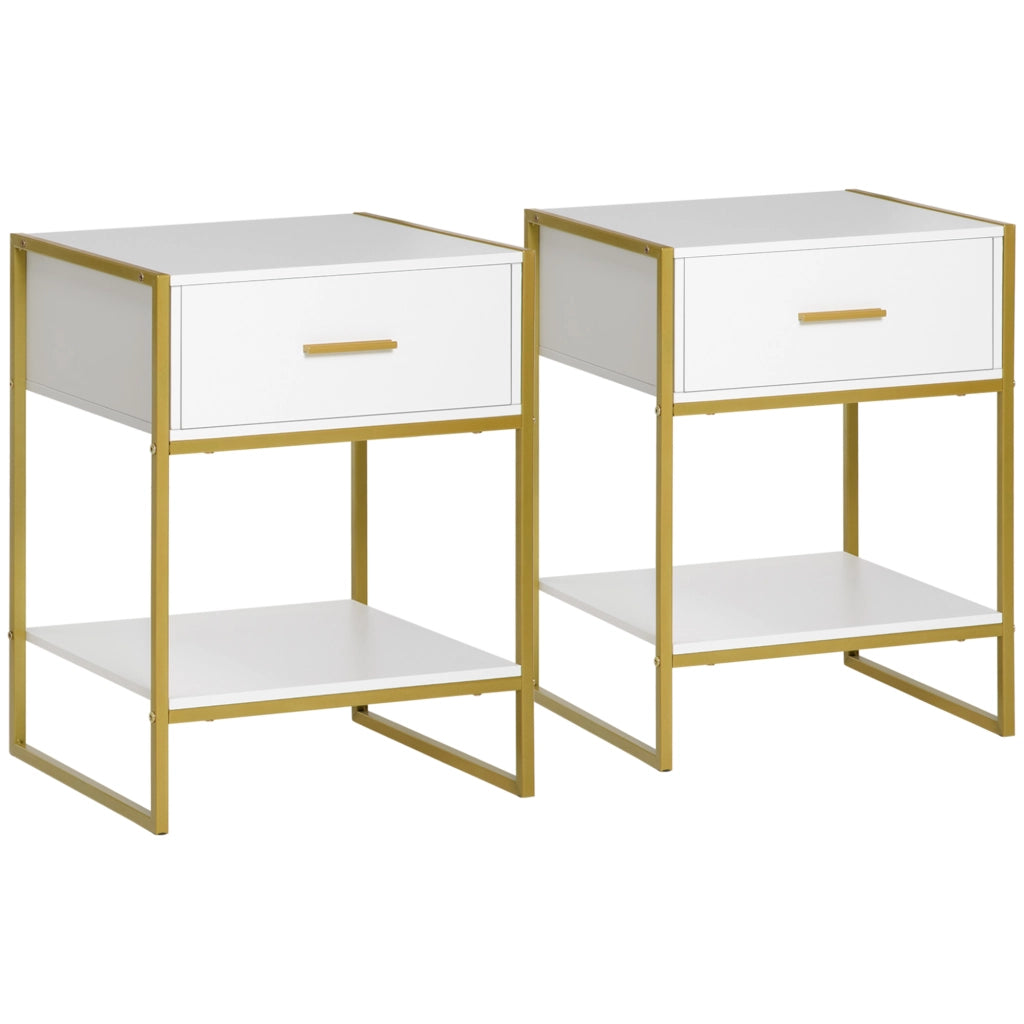 Comodini Moderni con Cassetto ¨C Minimal ¨C Bianco e Oro, MDF e Acciaio, 45x40x60cm