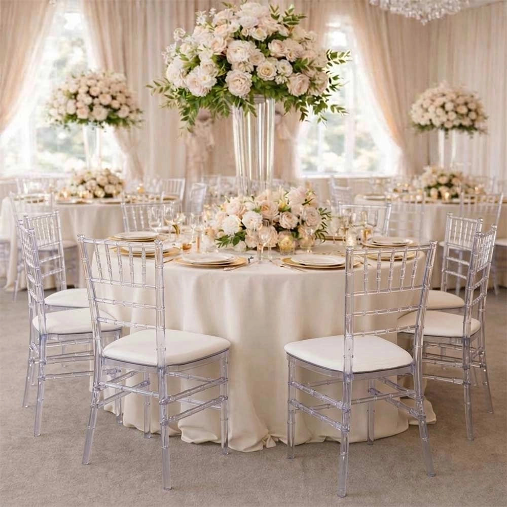 Set da 20 Sedie Chiavarine Trasparenti in Plastica con cuscino similpelle bianco
