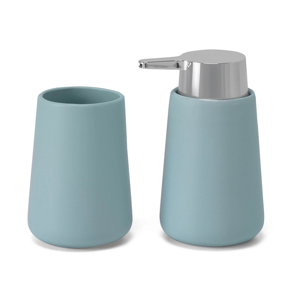 Set accessori bagno con dispenser e portaspazzolini turchese e cromo design tondo Sidney