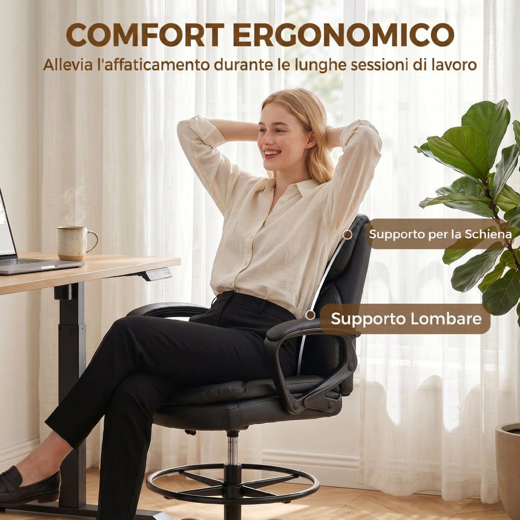 Sedia Ufficio Girevole in Finta Pelle. Altezza Regolabile. Schienale Alto. Braccioli. per Studio. Nero