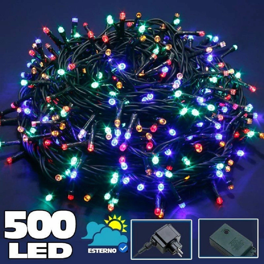Trade Shop - Catena Luminosa 500 Luci Led Lucciole Multicolor Controller 8 Funzioni Esterno -