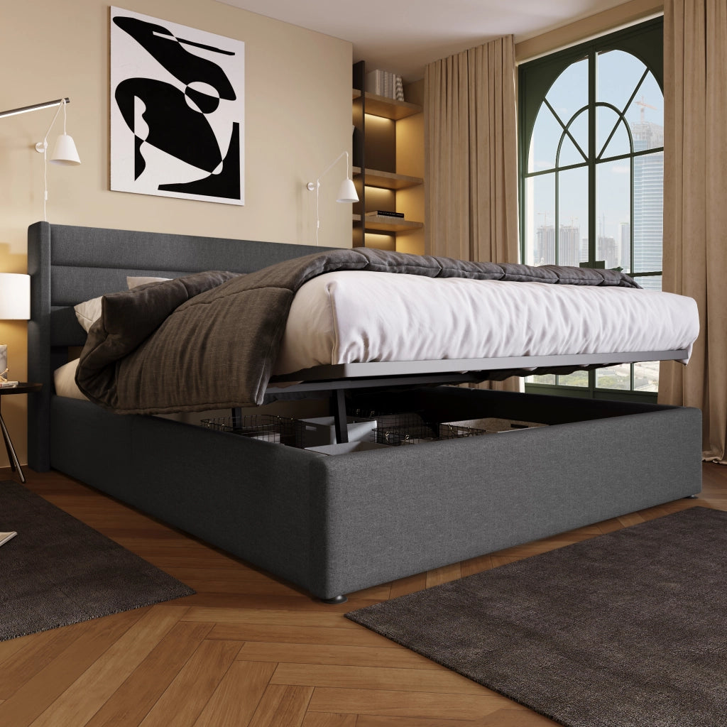 LETTO Contenitore 160x200 cm in lino grigio