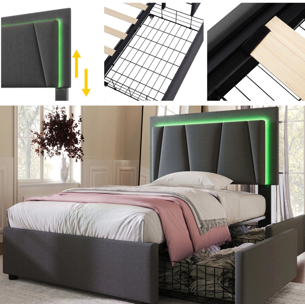 Letto singolo 90x200 cm con testiera regolabile, LED e 2 cassetti