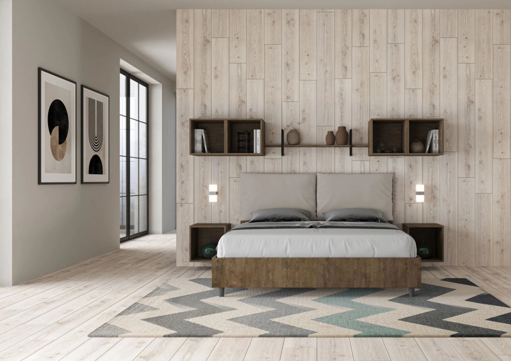 BS COM Letto matrimoniale con rete 160x200 Noce cuscini similpelle tortora