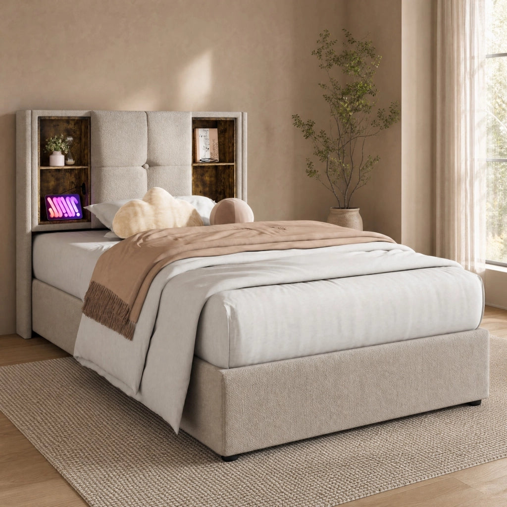 LETTO imbottito con ricarica wireless e USB 90x200 cm Lino Naturale