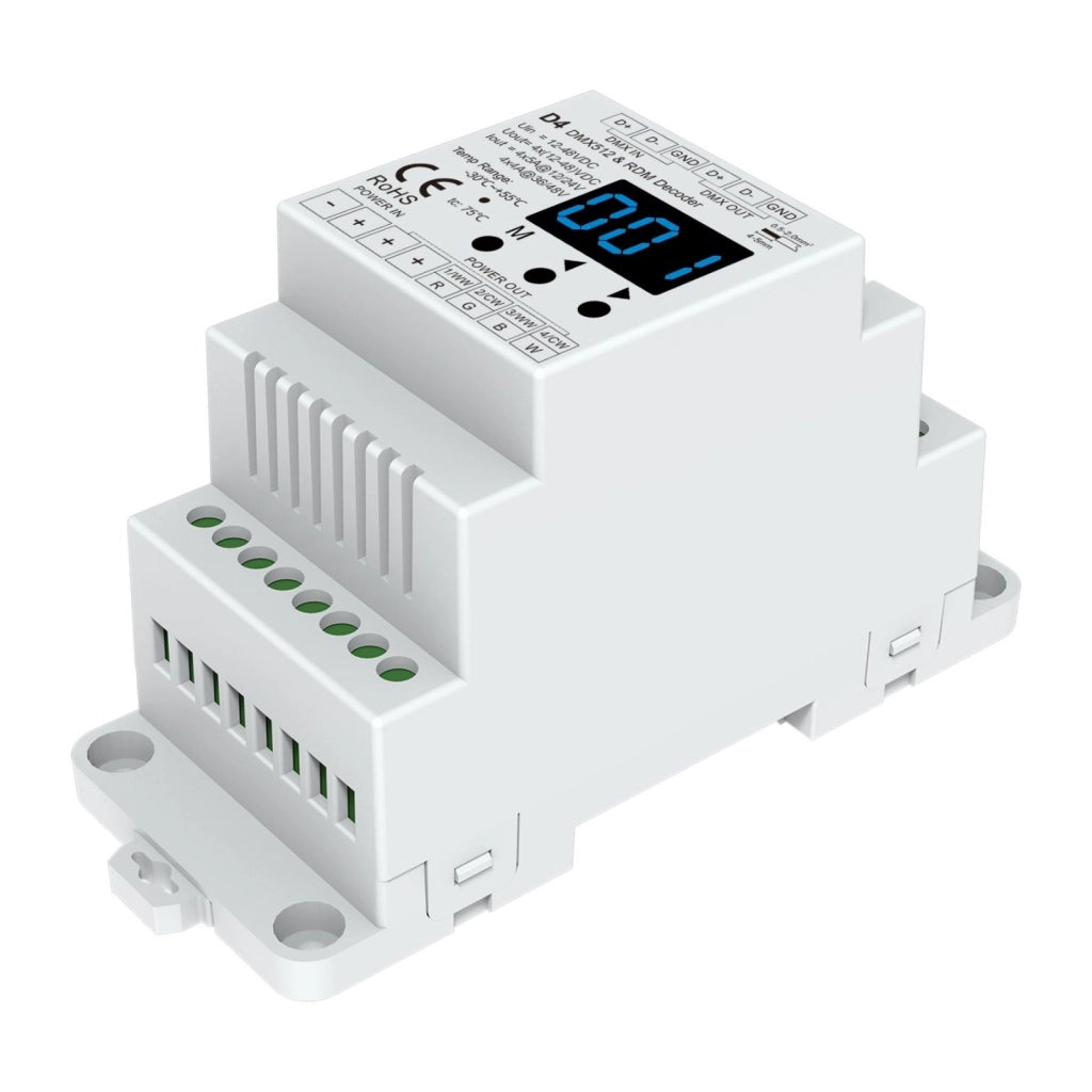 Decoder DMX512 4 Canali CV, 12-48V DC, 4x5A, PWM Regolabile, RDM