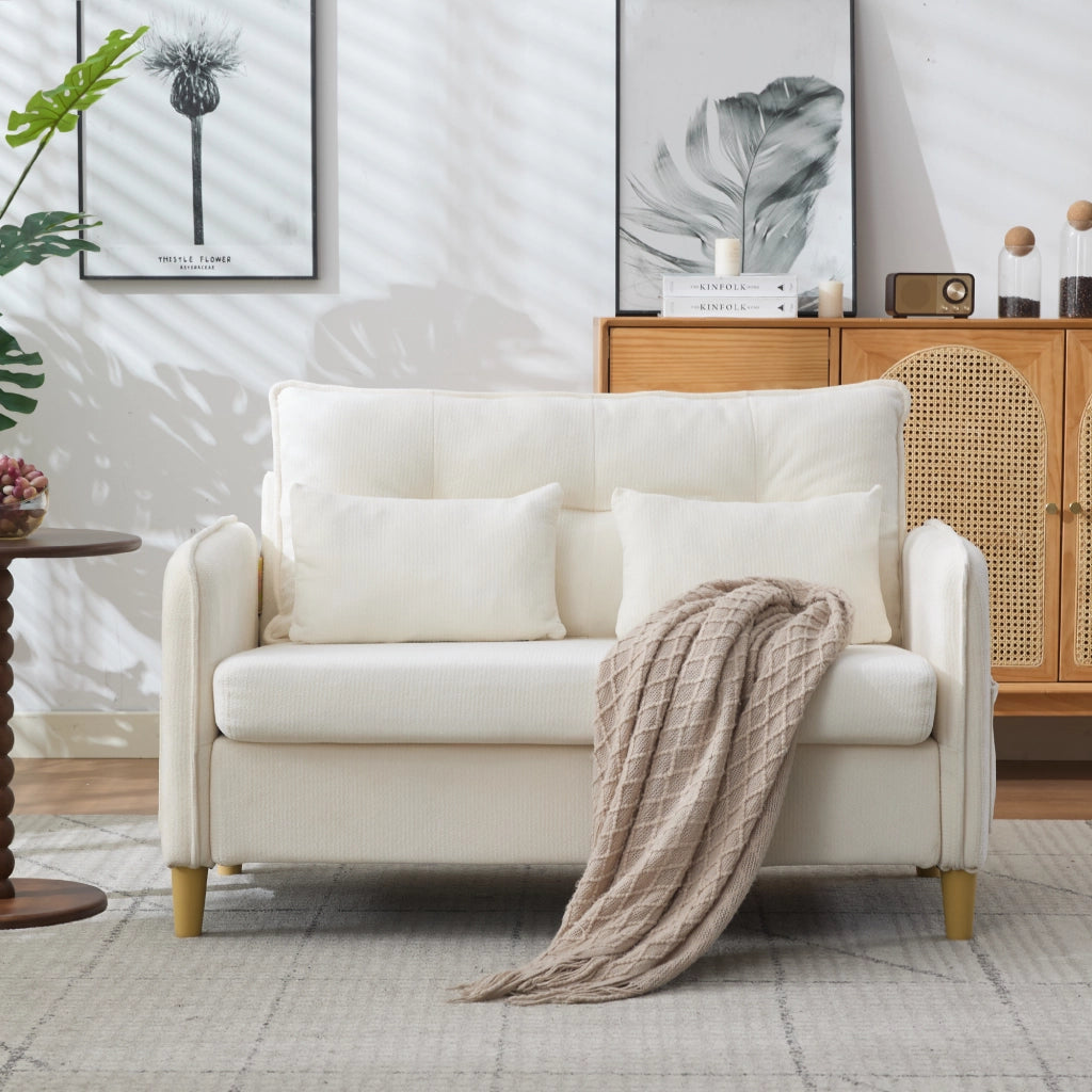 Divano Dritto 2 Posti con Tasche Laterali in Legno e Chenille Beige