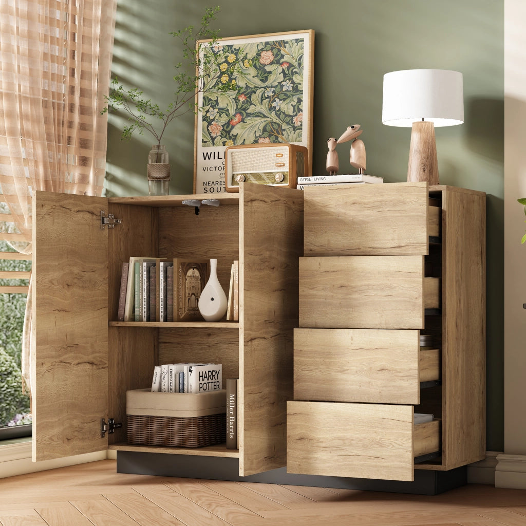 CREDENZA con 4 cassetti e 2 ante 120x35,5x90,5 cm Natural e Nero