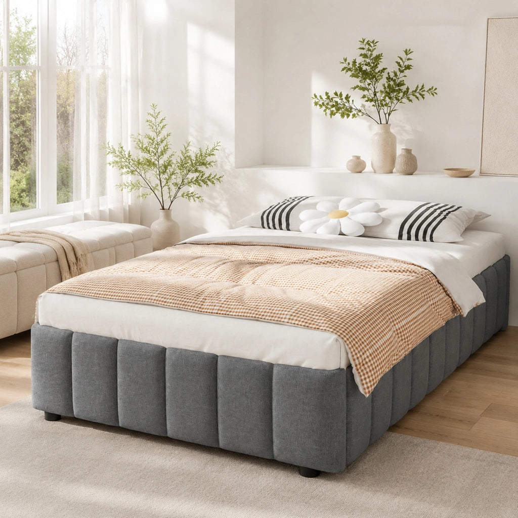 DESMIU Letto Singolo 90 × 200 cm con contenitore idraulico, senza materasso, in lino, grigio