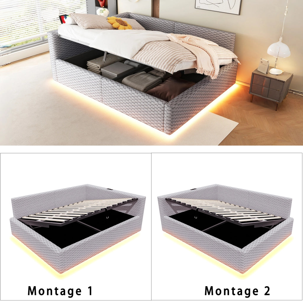 LETTO Contenitore 140x200 cm in velluto grigio con LED e porte USB