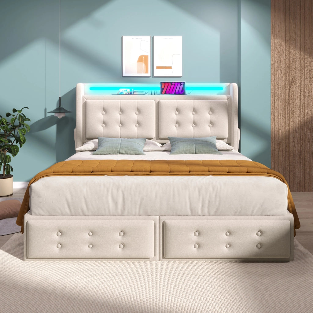 LETTO imbottito 160x200 cm Beige con LED, USB e 4 cassetti
