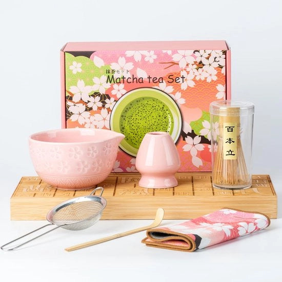 Set da Matcha 6 pezzi - Ciotola ceramica - Guardia in bambù - Setaccio in acciaio inossidabile - Supporto per guardia - Ideale per la cerimonia del tè - Set da tè