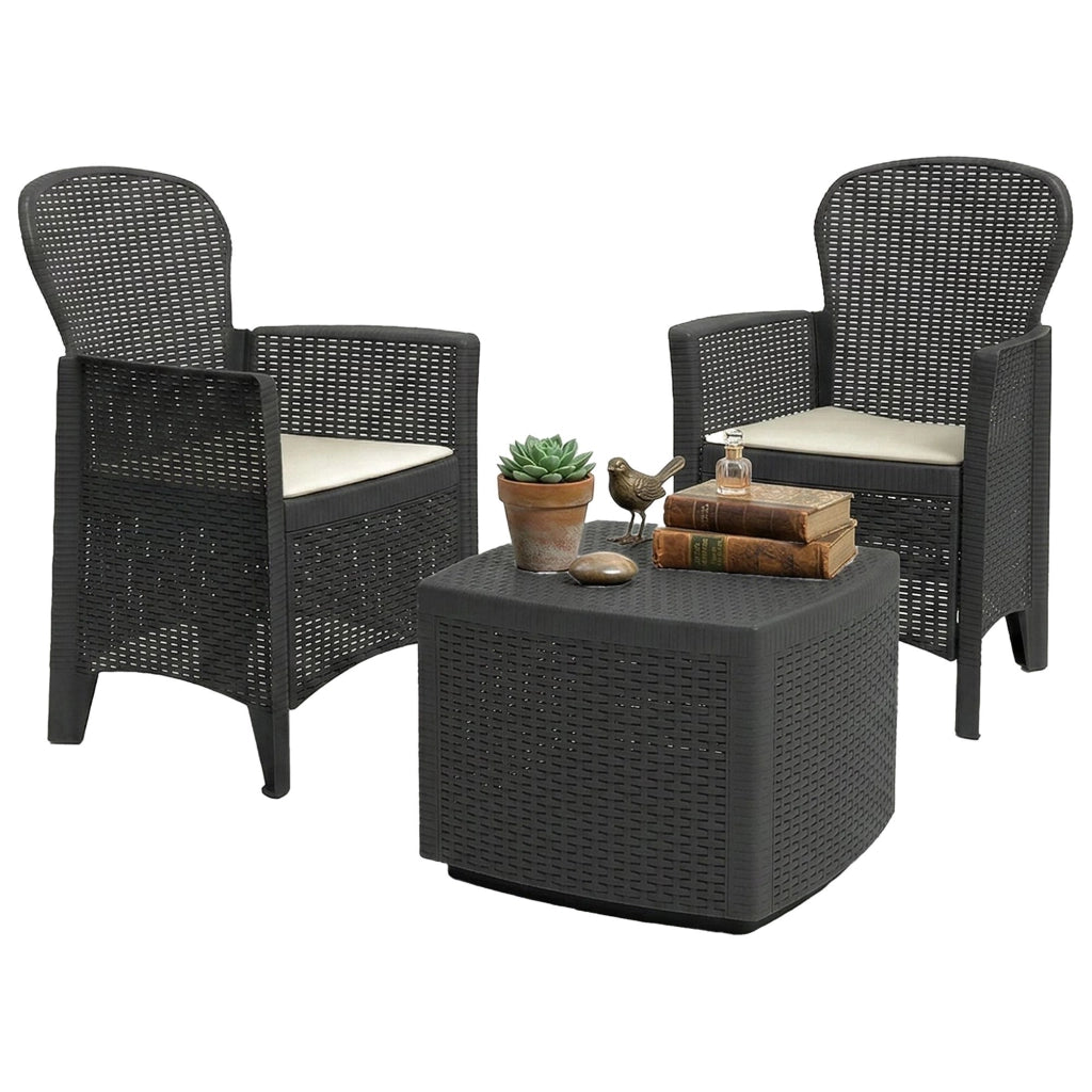 Set salotto da esterno Dakain, Set da giardino con cuscini composto da 2 poltrone, 1 divano e 1 tavolino, Salottino indoor effetto rattan, 100% Made in Italy, Cm 60x58h89, Antracite