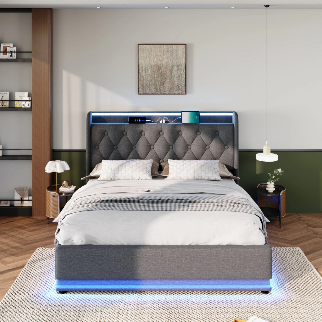 LETTO Imbottito 140x190 cm Grigio in lino con LED, USB e Type-C