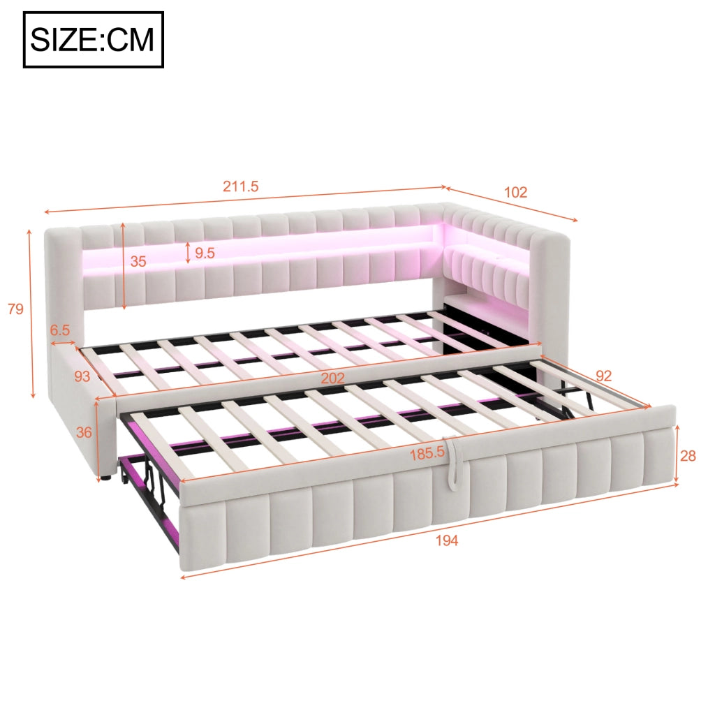 Letto imbottito trasformabile con LED, porte USB e USB-C, 90x200 cm, beige