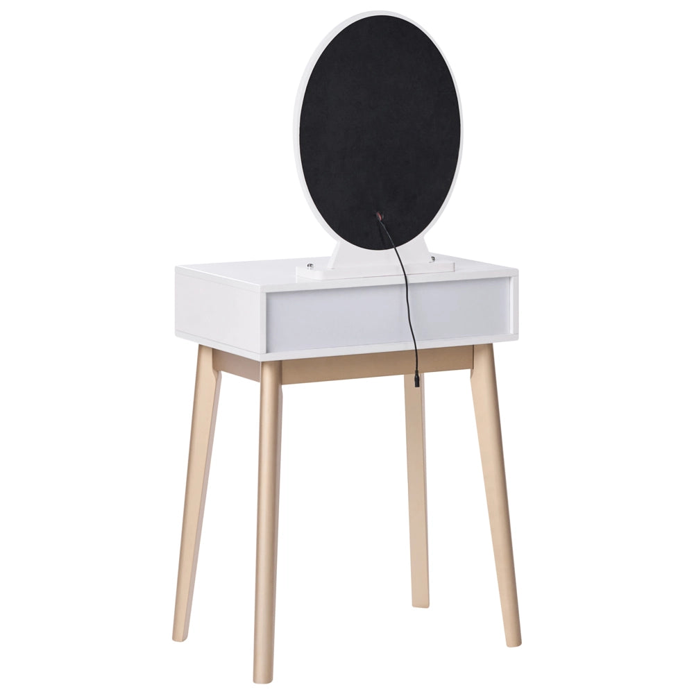 Toeletta con 3 cassetti specchio LED bianco e oro e sgabello camera da letto elegante