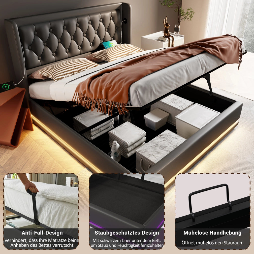 LETTO contenitore 160x200 cm in PU nero con USB Type-C e LED