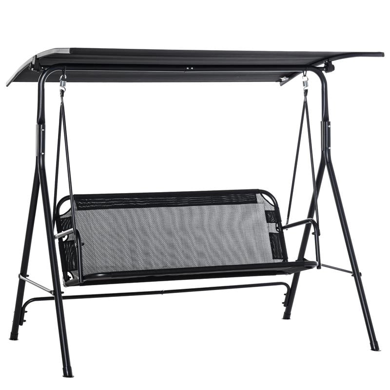 DONDOLO DA GIARDINO TERRAZZA 3 POSTI CON TETTUCCIO PARASOLE REGOLABILE, METALLO E TEXTILENE NERO 172X110X155CM