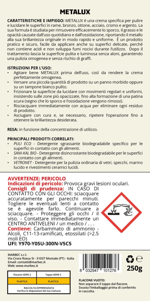 Crema lucidante metalli, pulizia e brillantezza in un solo gesto, ideale per rame e acciaio Marbec METALUX - 250GRx6Pz