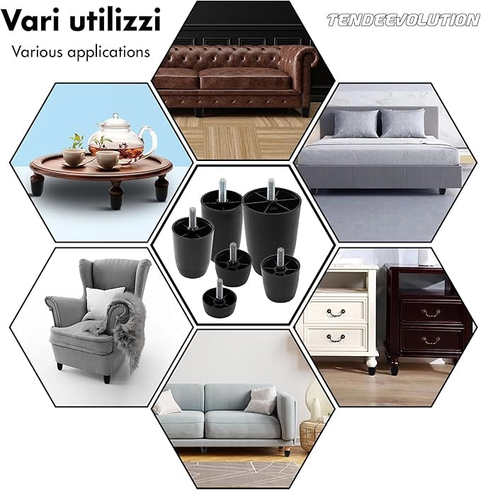 Piedini in Plastica PVC per Mobili | Altezza 8cm | Vite M10 | Design Minimal ed Elegante
