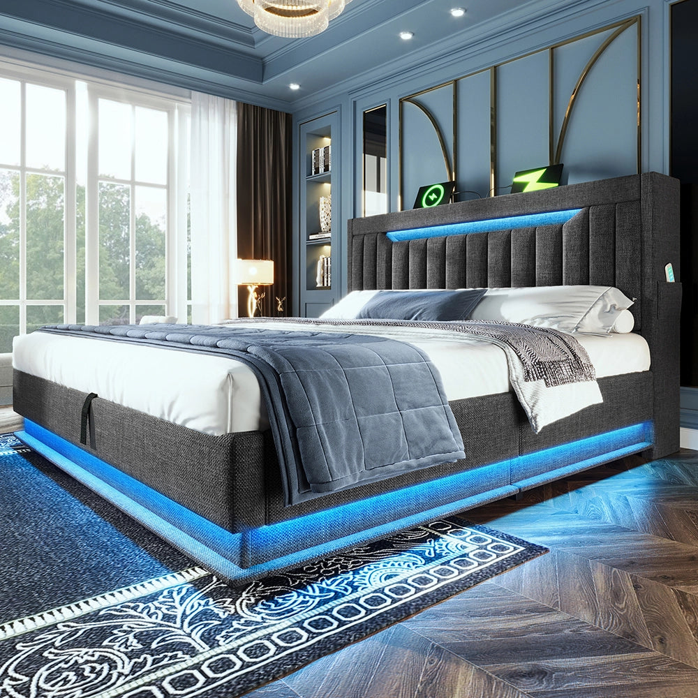 Letto matrimoniale-Xylo-140x200 cm-LED, USB-C, testiera, idraulico, lino, grigio