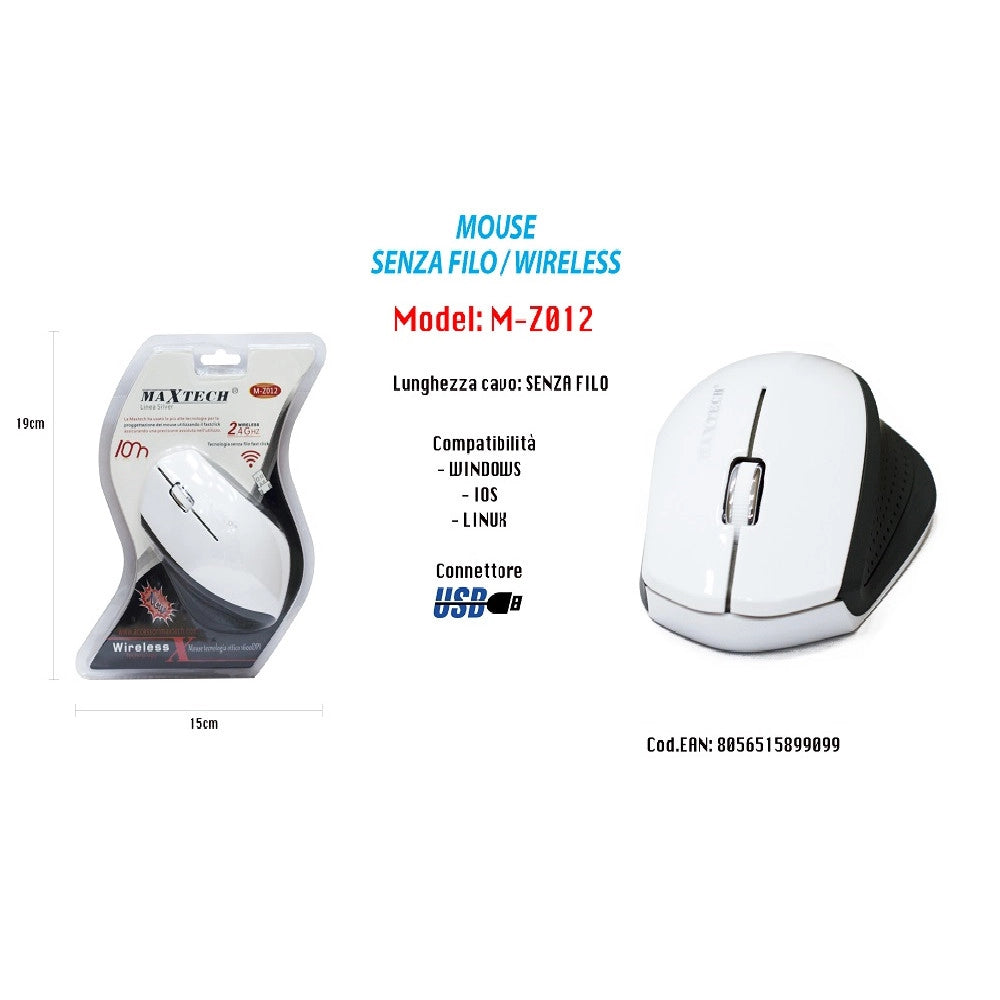 Trade Shop - Mouse Wifi Wireless Senza Filo Portatile Pc Computer 1600dpi 2.4ghz Maxtech M-z012 -