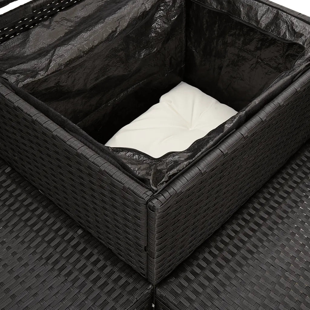 Divano da Giardino con Tavolo e Cuscini a L Nero in Polyrattan 369036