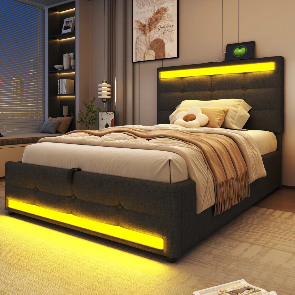 Letto Singolo Contenitore Imbottito con LED e USB ¨C MINIMAL ¨C 90x200, Grigio
