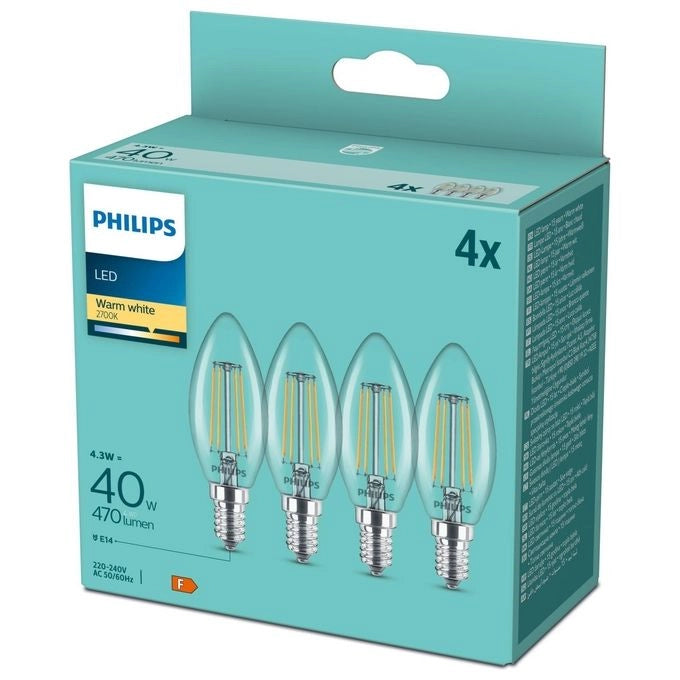 Philips Lampadina LED Candela B35 E14 Filamento 4W 470 lm 2700K Bianco Caldo Trasparente Confezione 4 Pezzi