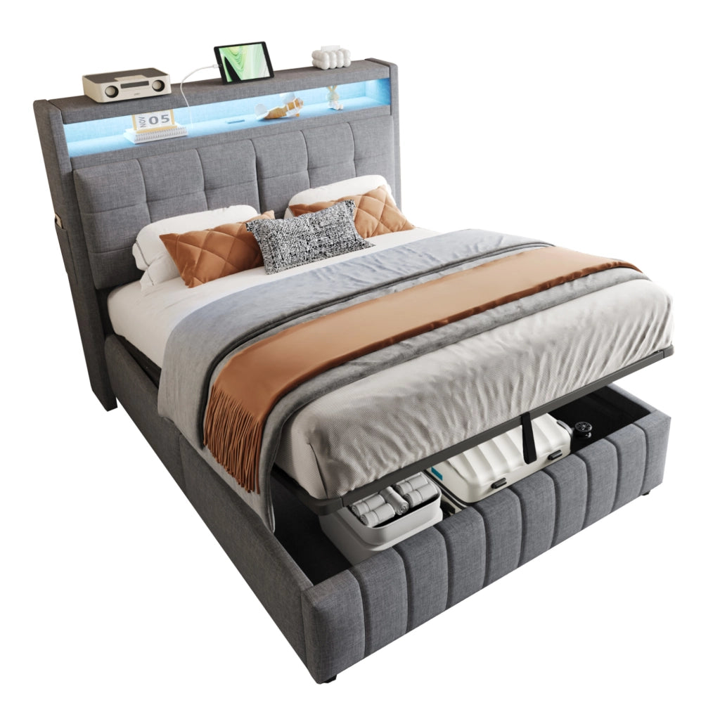 Letto imbottito 140x200 cm con LED, USB e vano contenitore