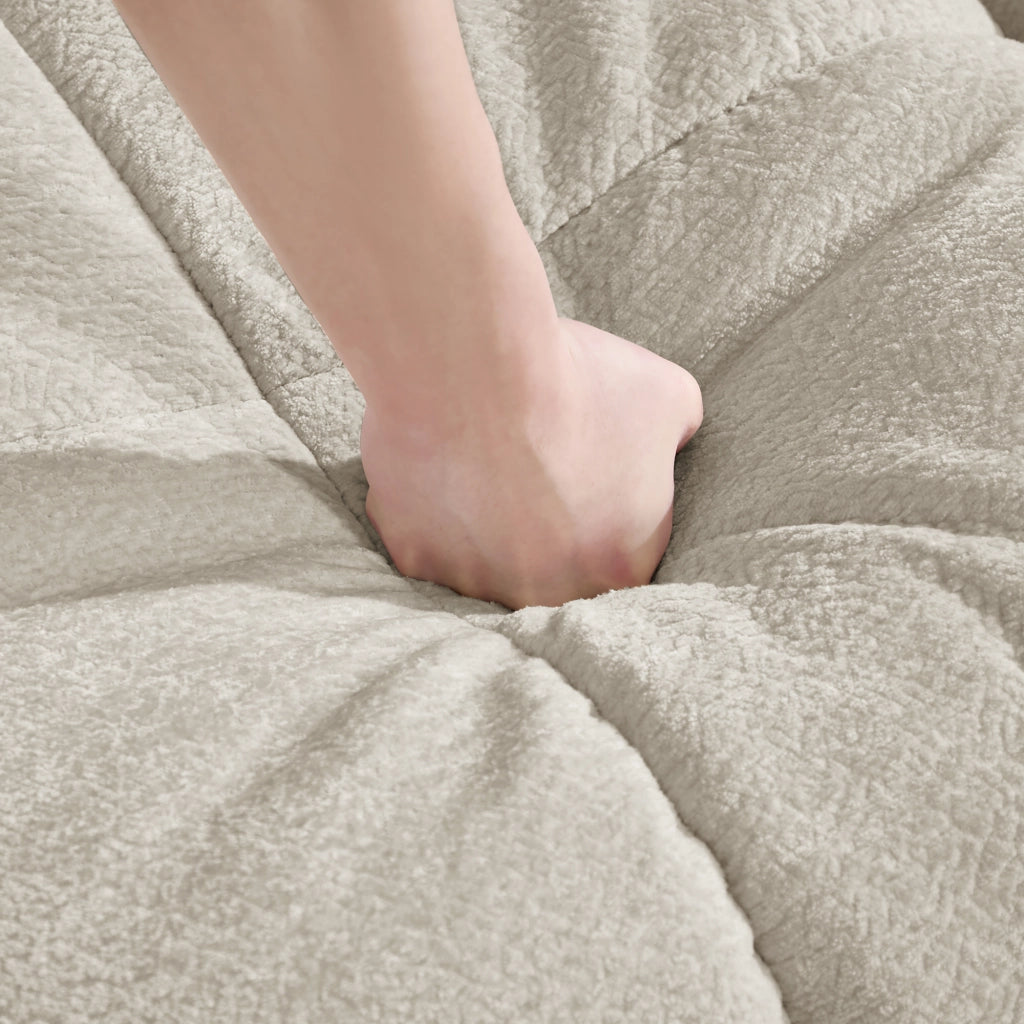 Divano angolare 3 posti modulare con pouf mobile e cuscino, in Ciniglia, Beige chiaro