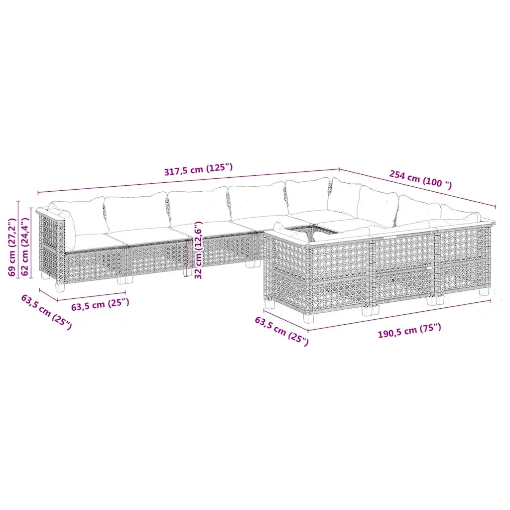 Set Divano da Giardino 10 pz con Cuscini Beige in Polyrattan