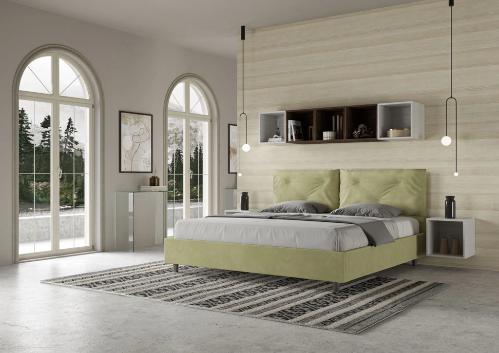 BS COM Letto matrimoniale king size con rete imbottito 190x200 microfibra tè verde Large