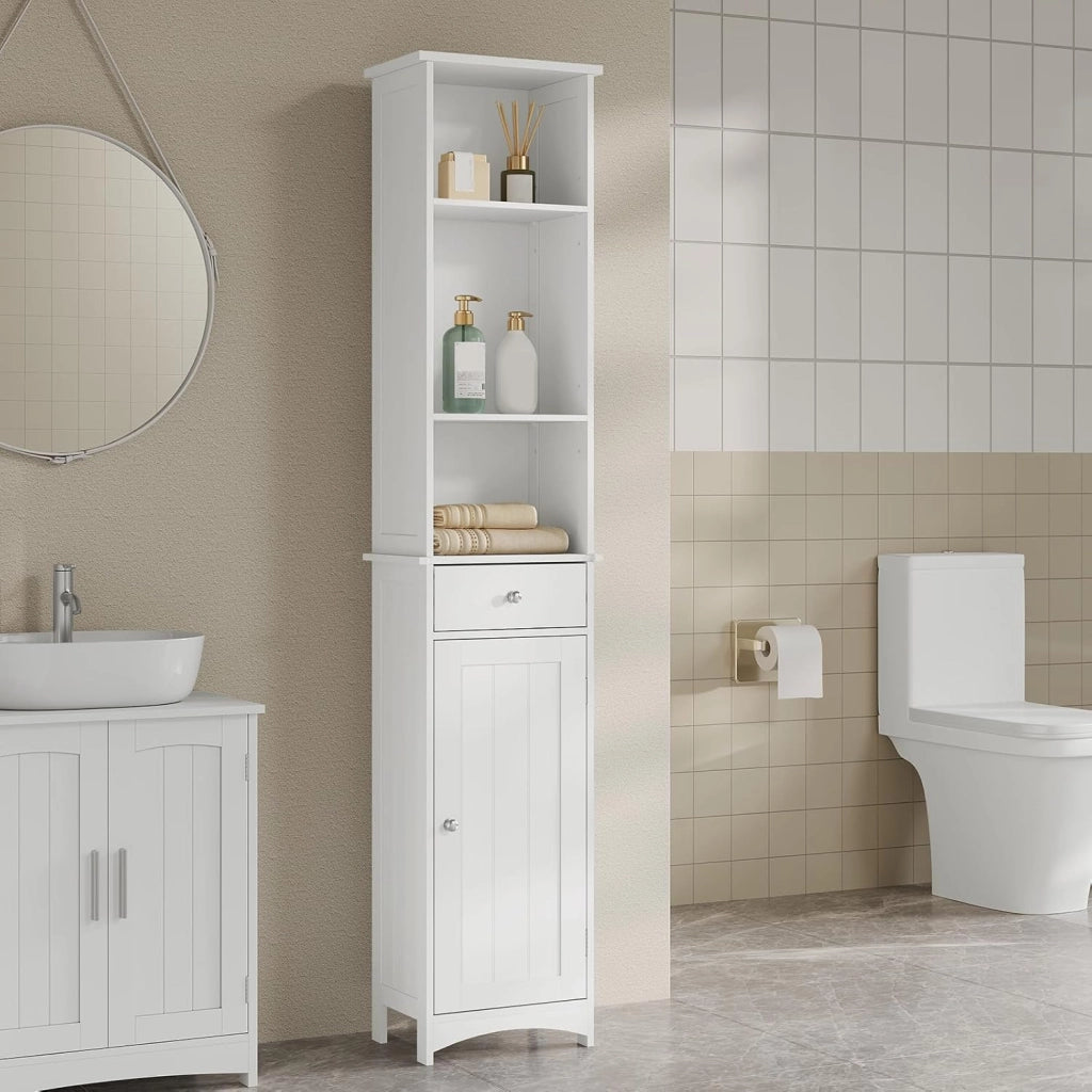 0024WY Mobile a Colonna per Bagno Alto Mobiletto Angolo Bianco Armadietto a Terra Salvaspazio in Legno