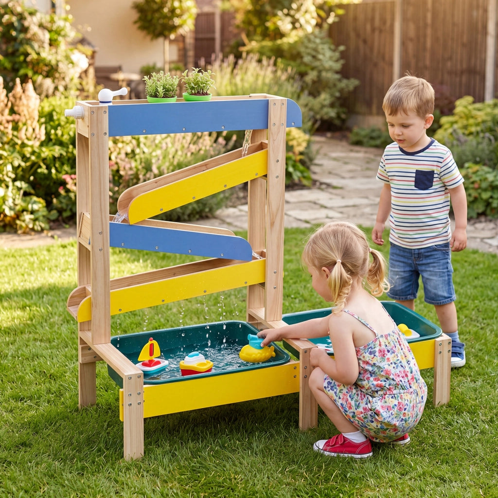 Tavolo sabbia e acqua in legno con rubinetto bambini 3+, Tavolo gioco acqua con barchette sottomarino 2 vasche e 2 vasi