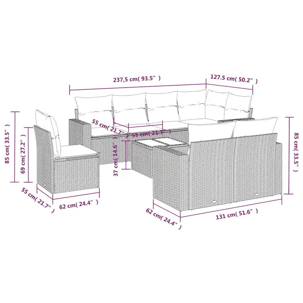 Set Divani da Giardino 9 pz con Cuscini Nero in Polyrattan 3219235