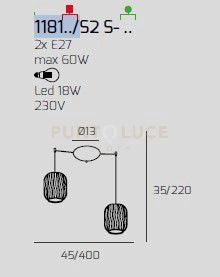 SOSPENSIONE OTTONE SAT. 2 LUCI SPOSTABILE VETRI BLU 1181OS-S2 S-BL
