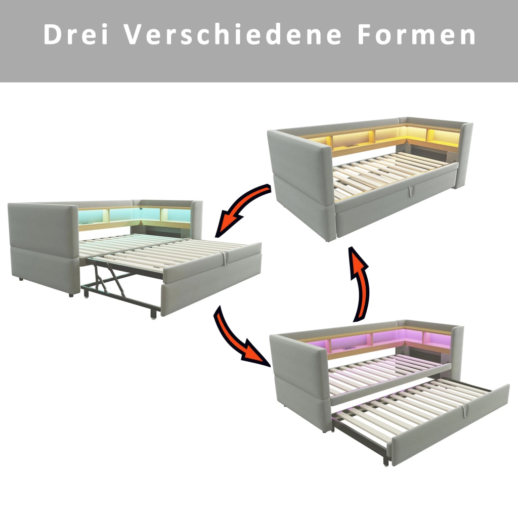 DIVANO LETTO Estraibile 90/180 x 190 cm Grigio Chiaro con LED e prese