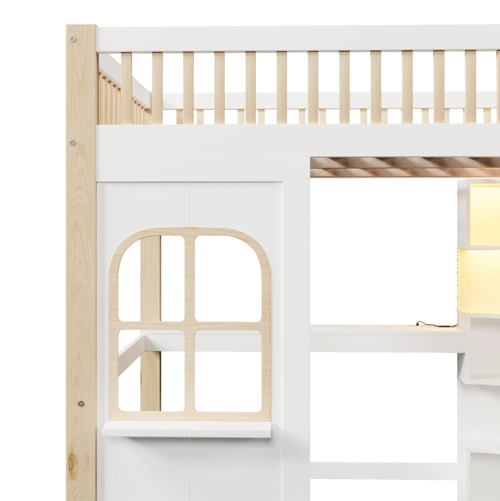 Letto a soppalco 140x200 cm con scrivania, contenitore e luci LED