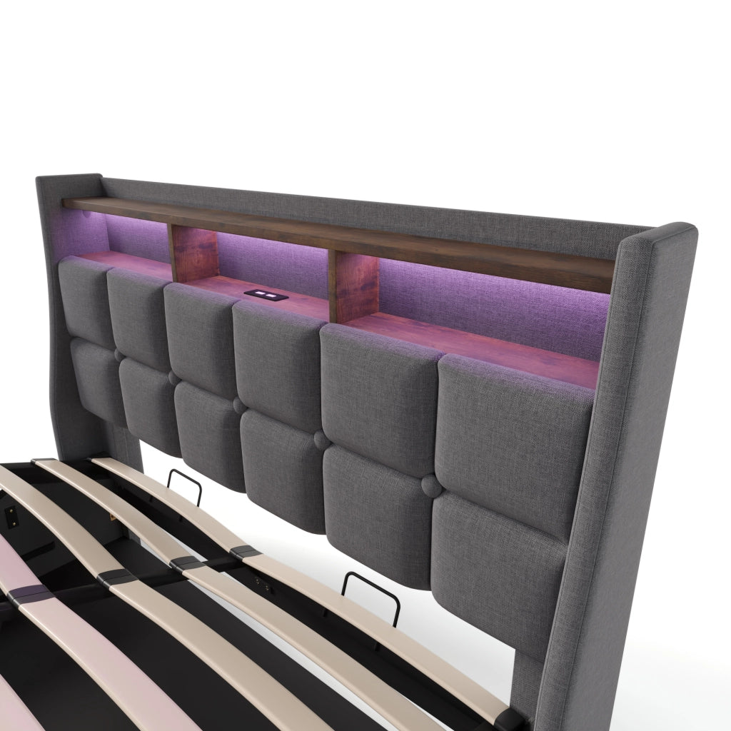 LETTO 160x200 cm in lino grigio con USB, LED e contenitore