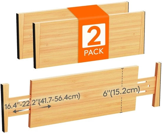 Set di divisori di carico 2 in 1 in bambù naturale, divisori di carico regolabili per lunghezza interna 41,7-56,4 cm e altezza 15,2 cm, sistema di archiviazione per cucina, armadi e scrivanie