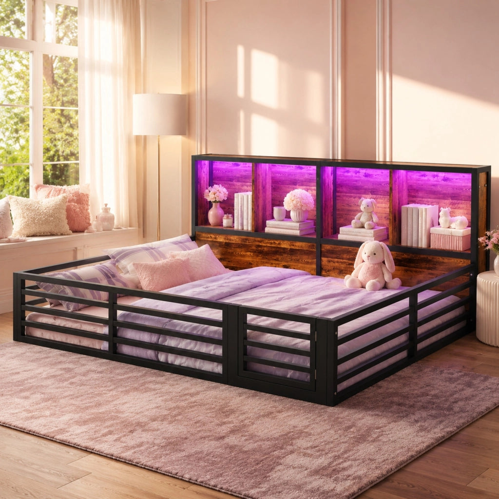 LETTO a sponde 140x200 cm Nero in Metallo e MDF con LED