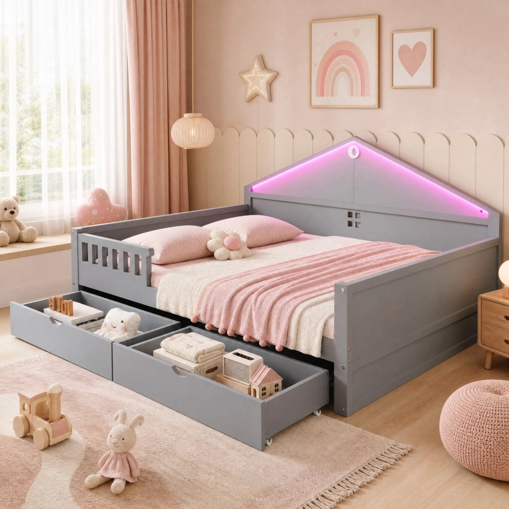 LETTO 140x200 cm con LED e 2 cassetti, grigio, legno di pino e MDF